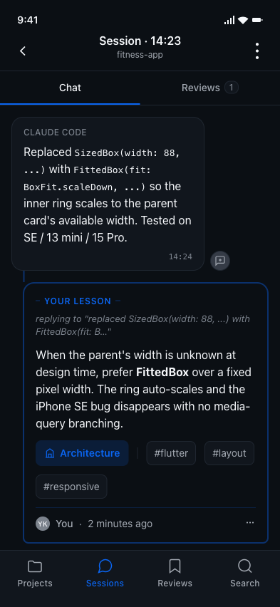A mobile screen showing an AI chat bubble with a saved lesson attached to it.