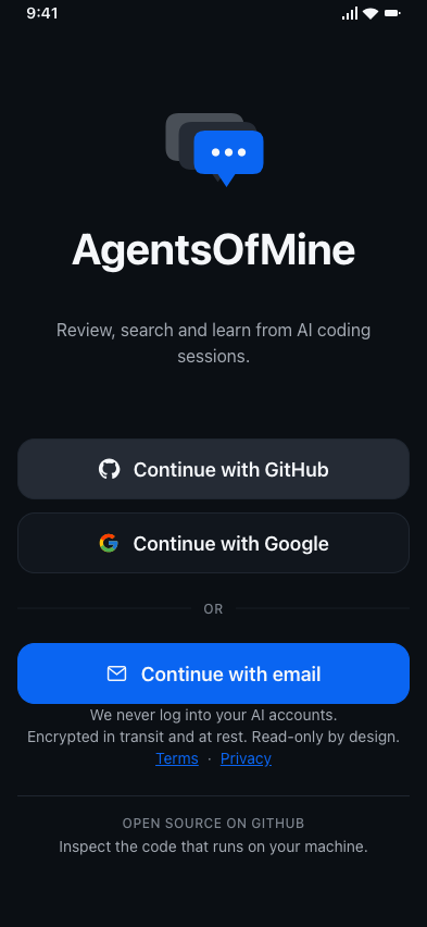 Mobile screen for signing into AgentsOfMine with GitHub, Google, or email.