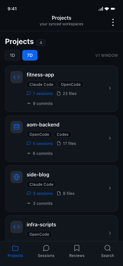 Mobile screen showing your synced projects with agent badges, session counts, and a 1D / 7D time-window filter.
