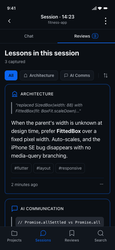 Mobile screen showing the Reviews tab — every lesson saved in this session, in one place.