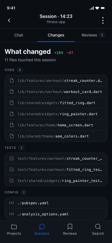 Mobile screen showing the Changes tab — files touched in this session grouped by Code, Tests, and Config with line counts.