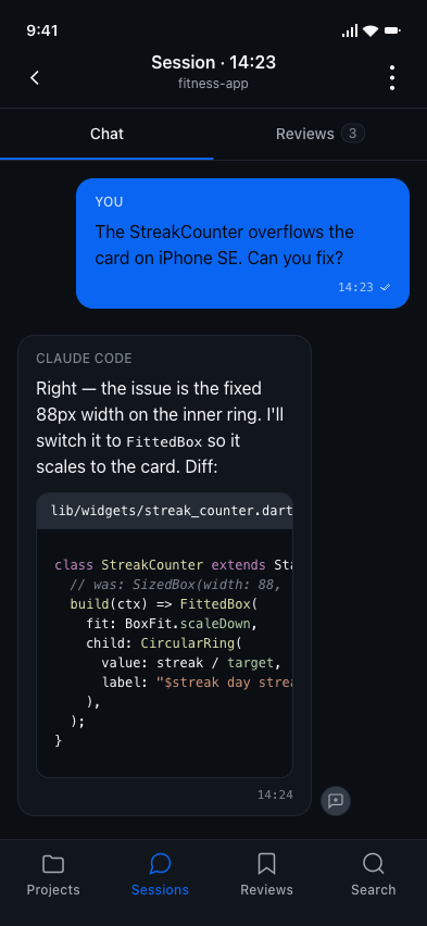 Mobile screen showing an AI coding session as chat bubbles with code.