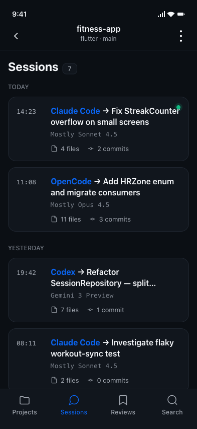 Mobile screen showing AI coding sessions for a project, grouped by day.