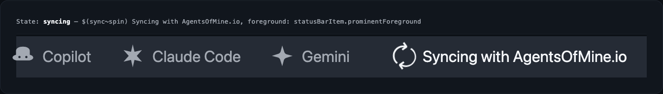 VS Code's status bar showing AgentsOfMine.io actively syncing, next to GitHub Copilot, Claude Code and Gemini Code Assist indicators.